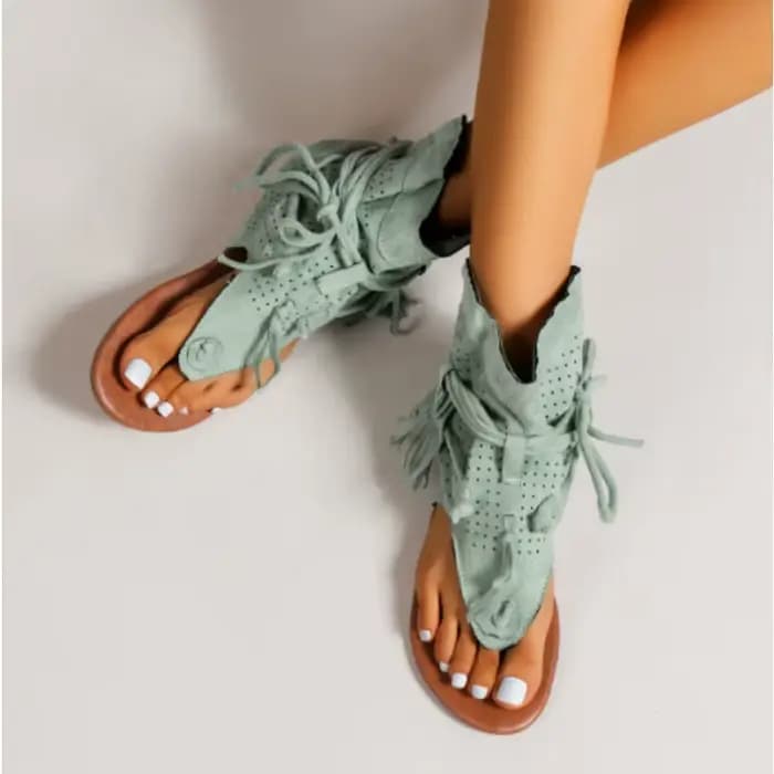 Nouvelles Sandales Femme 2026 Rétro Style Gladiateur à Clip d'Orteil Bottes Vintage Décontractées à Pompons Mode