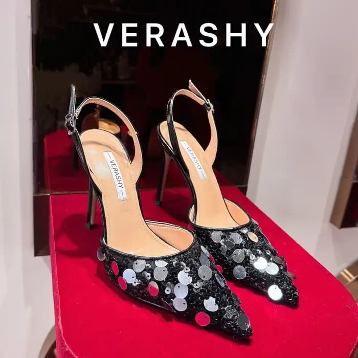 Chaussures rouges à talons hauts pour femmes, nouveau Style avec bouton unique, sangle arrière, paillettes, talon fin, sandales noires pointues de 10cm