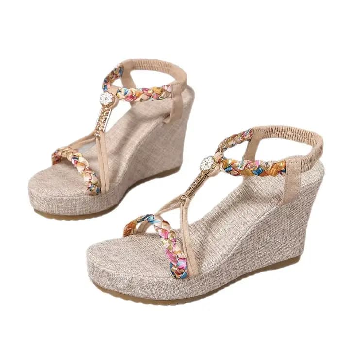 Sandales compensées bohèmes 2026 – Nouvelle collection été – Chaussures décontractées d'extérieur de créateur pour femme – Sandales à plateforme à bout ouvert avec bande élastique