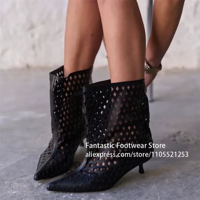 Bottines à bout pointu et découpes, sandales à talons aiguilles sculptés, bottines à enfiler faites à la main, bottes d'été tendance, talons hauts pour femmes