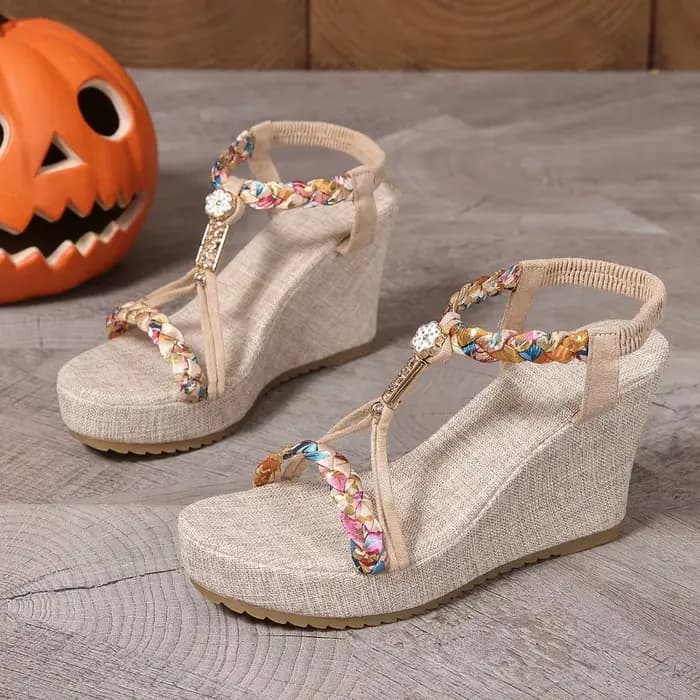 Sandales compensées bohèmes 2026 – Nouvelle collection été – Chaussures décontractées d'extérieur de créateur pour femme – Sandales à plateforme à bout ouvert avec bande élastique