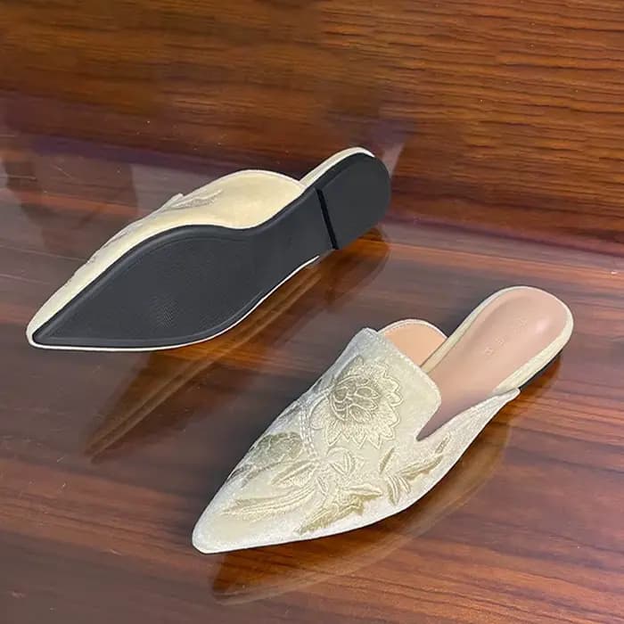 Velours broderie fleur Mules Femme chaussures élégantes pointu bout fermé pantoufles sans lacet chaussures plates diapositives Femmes Pantuflas Sandalias