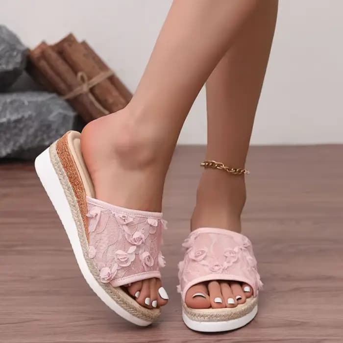 Sandales compensées à talons hauts roses pour femme