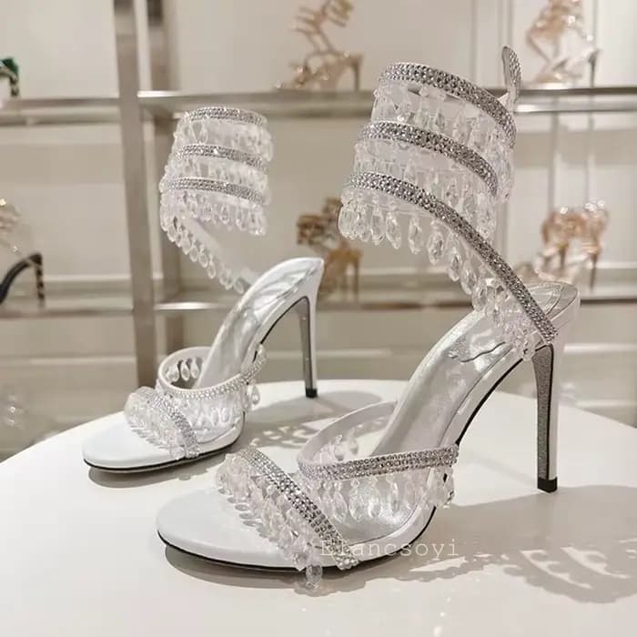 Chaussures de mariage femmes Bling cristal chaîne perle décor Sandalias serpent en forme d'enroulement mince talons