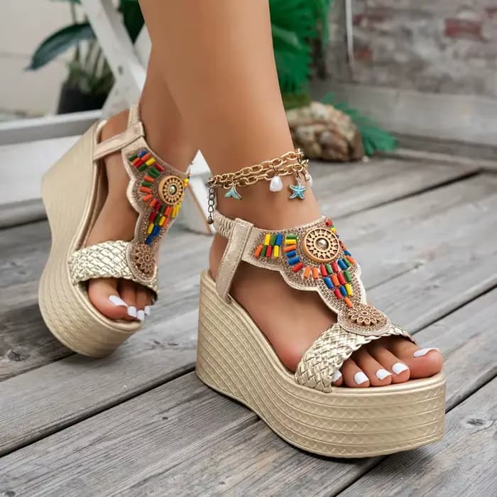 Sandales pour femmes, style bohème, sandales compensées, été, semelle épaisse, antidérapantes, chaussures de plage, sandales à plateforme chunky avec perles colorées