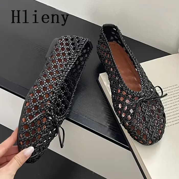 Hlieny tissé à la main maille talons plats femmes mocassins mode papillon noeud bout rond décontracté dames chaussures en plein air robe sandales