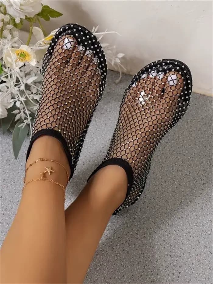 Msfilia sandales à bout rond avec évider Internet célèbre diamant clouté bottes courtes été Sexy grande taille chaussures plates