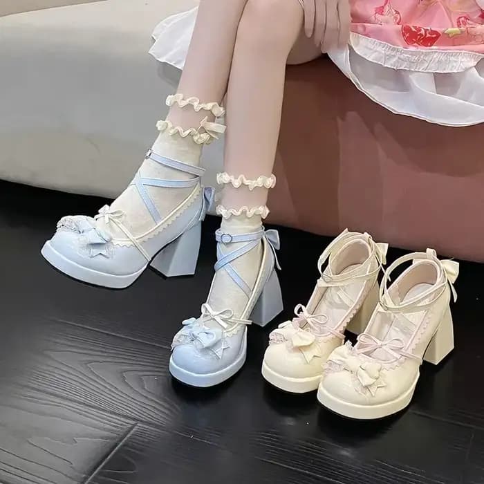 Chaussures à talons hauts et épais bleus pour femmes, chaussures plates d'été à plateforme imperméable avec nœud papillon, mocassins à bout rond, doux Lolita