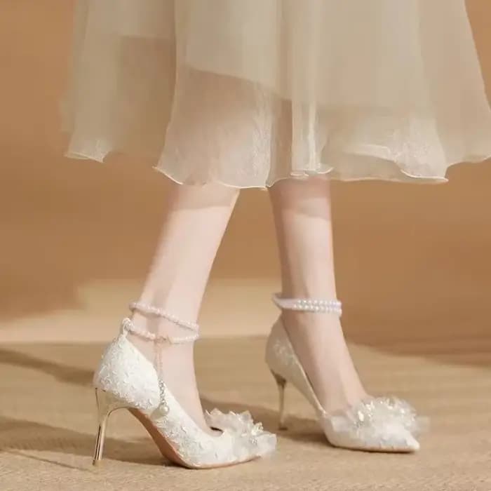 Chaussures Blanches à Talons Aiguilles et Perles pour Femme, Robe de Mariée, 2024