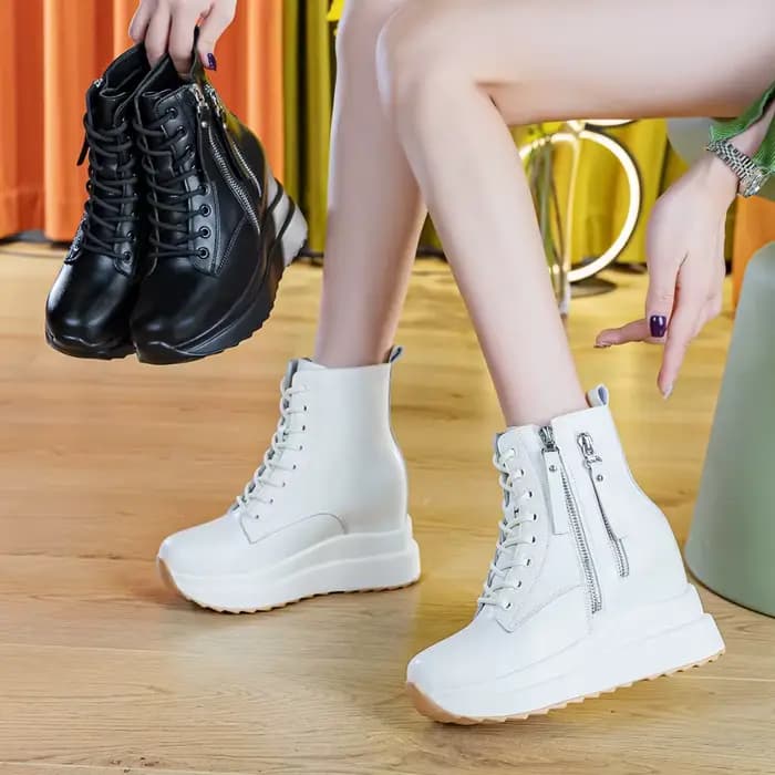9cm plate-forme baskets à semelles compensées femmes chaussures en cuir véritable à lacets printemps automne hiver