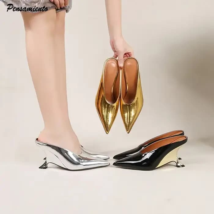 2025 nouveau Design mode plate-forme compensées talons hauts Mule femmes pantoufles concis peu profond bout pointu robe de soirée dames chaussures