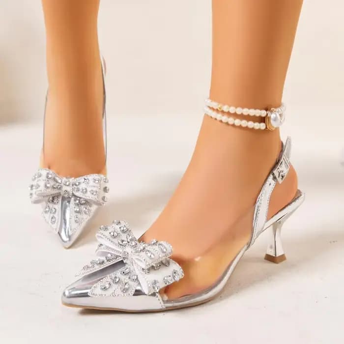 Escarpins Slingback en PVC Transparent avec Nœud en Cristal de Luxe pour Femme