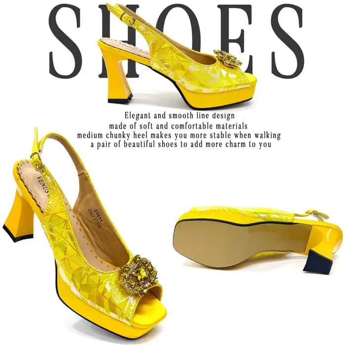 2025 Ensemble de chaussures à talons hauts jaunes élégantes pour femmes et sac assorti avec accents en strass – Design élégant à bout carré pour les fêtes