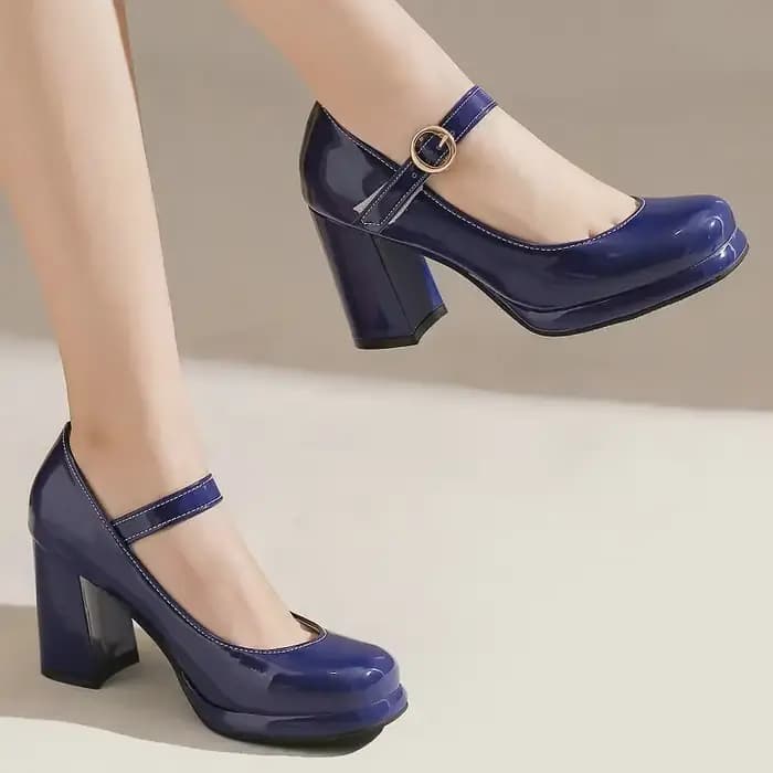 PU cuir verni vert bleu marine bout fermé dames matures pompes de bureau boucle sangle Vintage femmes Mary Janes chaussures bloc talons