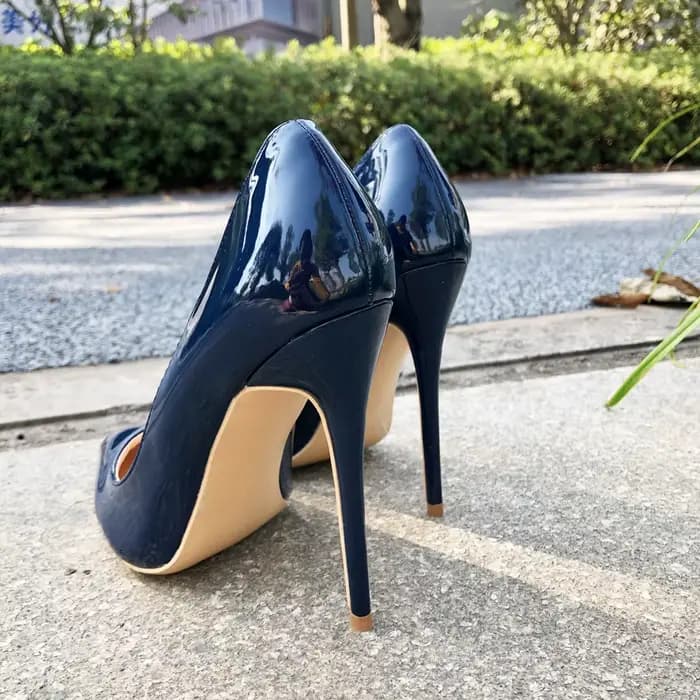 Tikicup femmes bleu marine brevet pompes coupe basse bout pointu talons aiguilles dames élégantes formelles sans lacet