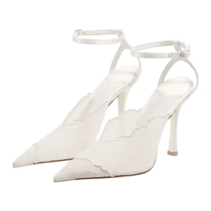 Escarpins slingback à bout pointu en dentelle brodée dorée pour femme, talons aiguilles avec bride cheville, sandales de luxe de créateur pour mariage et soirée