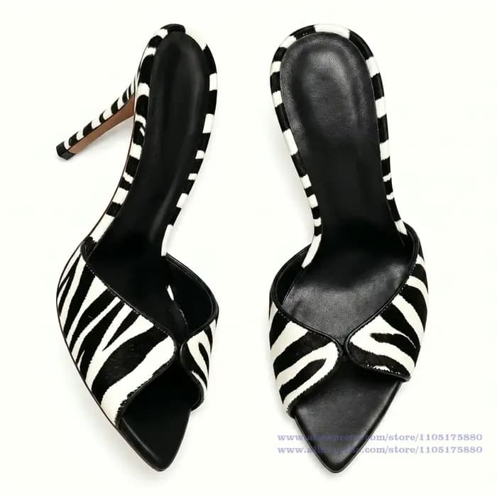 Mules à talons aiguilles fines, imprimé zèbre et vache, vert vif, avec semelle intérieure en cuir, bout pointu ouvert, sandales de soirée