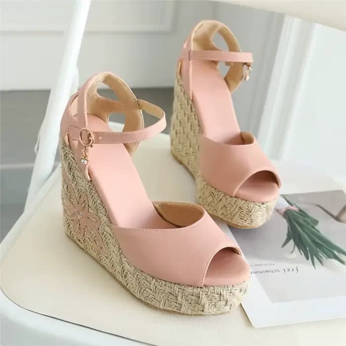 Sandales compensées pour femmes, chaussures d'été tendance, tongs gladiateur à plateforme tricotée, décontractées, blanches et roses, pour soirée, grande taille 45