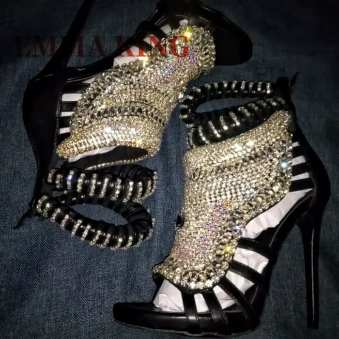 Sandales ornées de strass en cristal, Design de luxe, sandales d'été pour femmes, talons hauts, lanière à la cheville, chaussures Stiletto