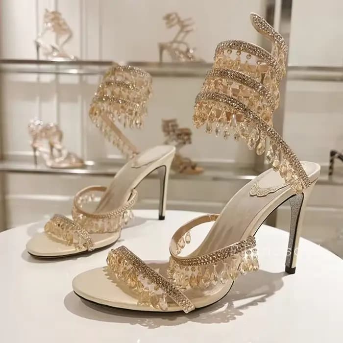 Mode talons hauts sandales femmes cristal chaîne perle serpent en forme enroulement chaussures de mariage été
