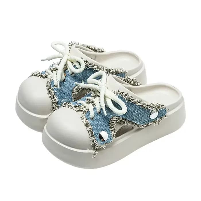Mules à plateforme en jean tendance avec franges pour femme, sandales décontractées à lacets et bout fermé, antidérapantes en EVA, chaussures de plage à semelle épaisse
