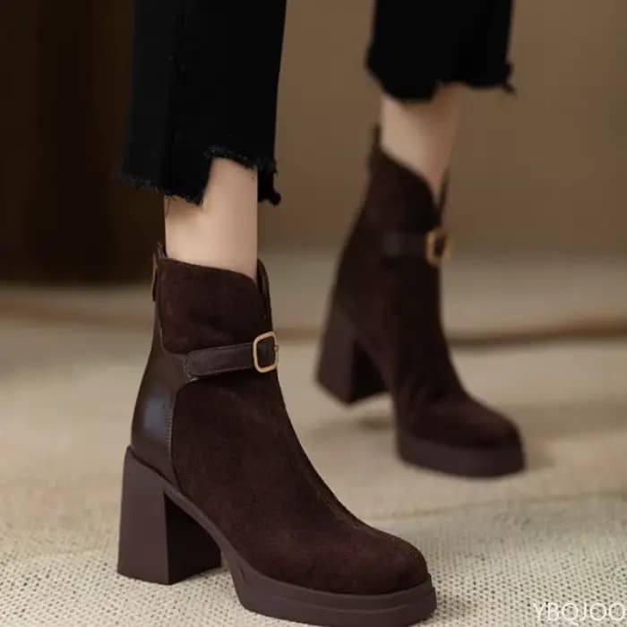 À la mode polyvalent semelle épaisse talon épais femmes bottes automne hiver élégant simple talons hauts loisirs