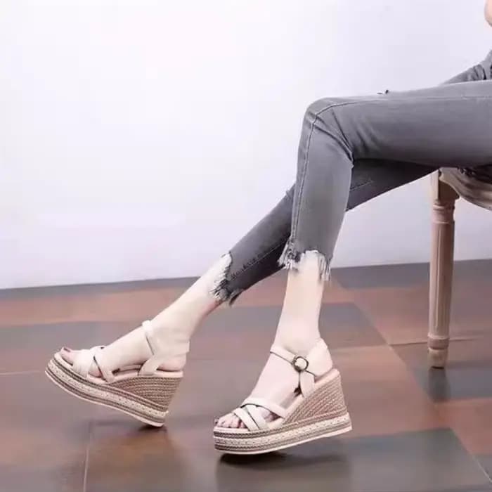 Femme chaussures coin avec plate-forme imperméable en cuir sandales d'extérieur pour les femmes Beige Original été 2025