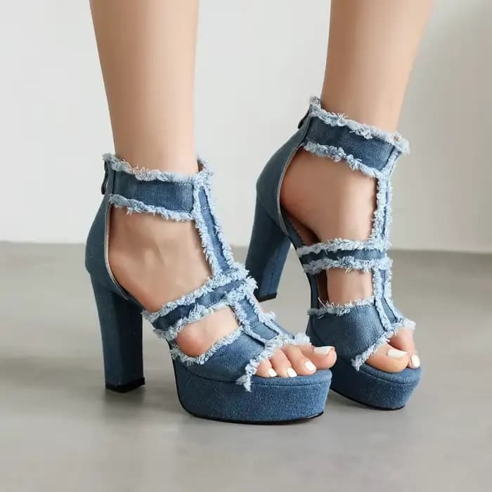 Sandales à talons bloc femmes Denim jean bleu t-strap Sexy Stripper Club chaussures d'été Rose bout ouvert plate-forme sandales 337-11