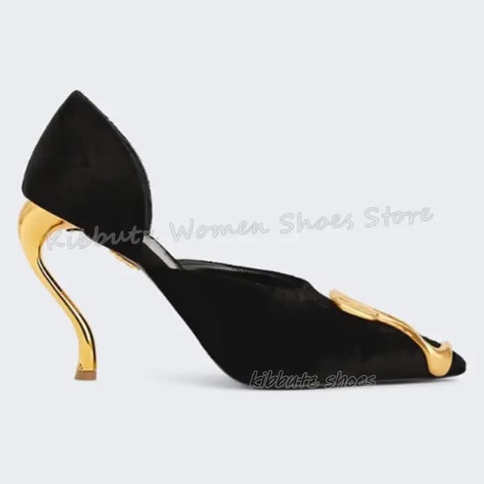 Escarpins à décor en métal en daim à enfiler, couleur unie, mode élégante, confortable, Sexy, chaussures de luxe pour femmes, nouvelles chaussures à bout pointu, talons étranges