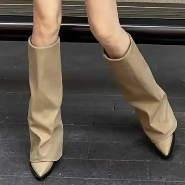 Femmes bottes genou talons hauts en cuir grosses chaussures de mode bout pointu neige