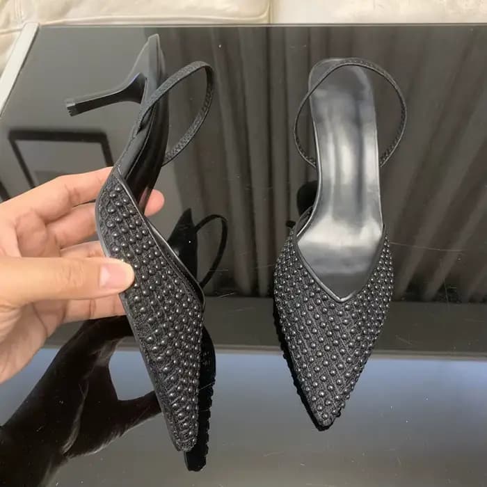 Sandales à talons hauts slingback en maille perlée pour femme – Chaussures de créateur élégantes pour mariage et soirée
