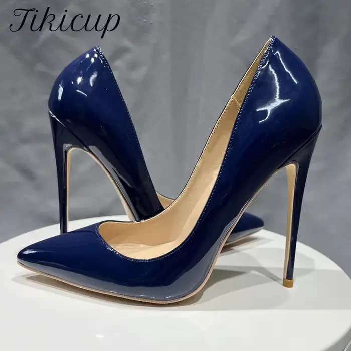 Tikicup femmes bleu marine brevet pompes coupe basse bout pointu talons aiguilles dames élégantes formelles sans lacet