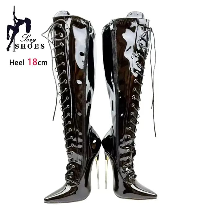 Noir 18 cm talon en métal genou haute femmes bottes boîte de nuit scène bout pointu pôle chaussures de danse en cuir verni dame talons couleur personnalisée