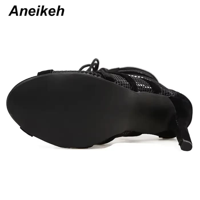 Aneikeh 7CM talon moyen danse évider bride à la cheville sandales bottes 2025 mode été à lacets croisé Peep orteil dame chaussures