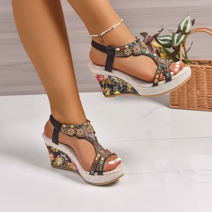 Nouvelles sandales compensées rétro confortables en cuir noir pour femme