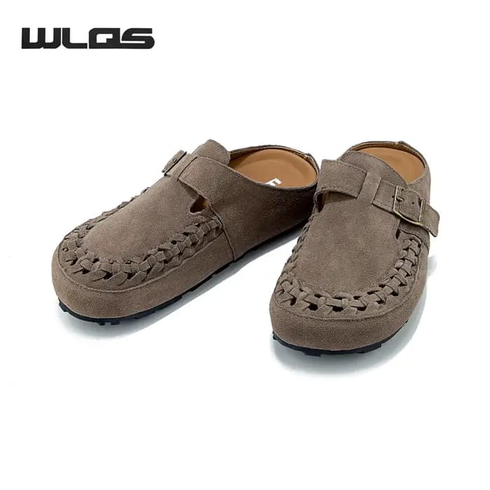 WLQS Mules en Daim Véritable Tressées pour Femmes, Sabots Vintage sans Talon avec Boucle Ajustable, Sandales d'Été Respirantes à Enfiler