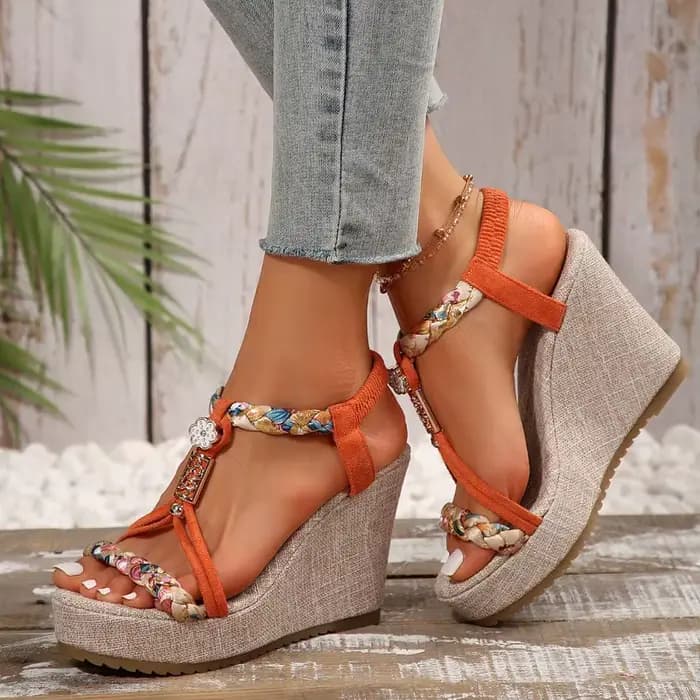 Sandales compensées bohèmes 2026 – Nouvelle collection été – Chaussures décontractées d'extérieur de créateur pour femme – Sandales à plateforme à bout ouvert avec bande élastique