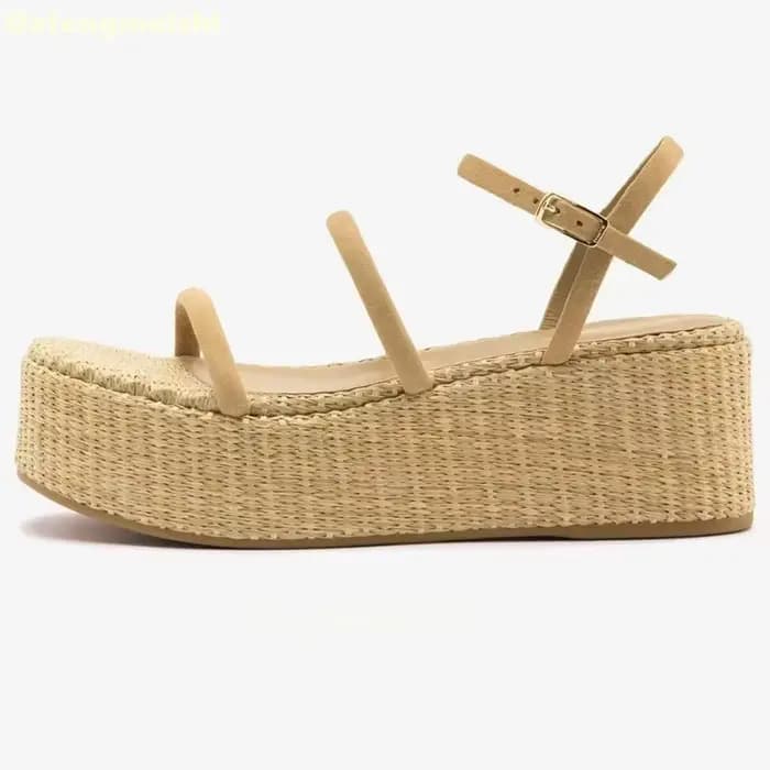 Sandales compensées à plateforme beige à fines brides, style espadrille, avec bride de cheville et bout ouvert, pour femme, chaussures décontractées d'été pour la plage et les vacances