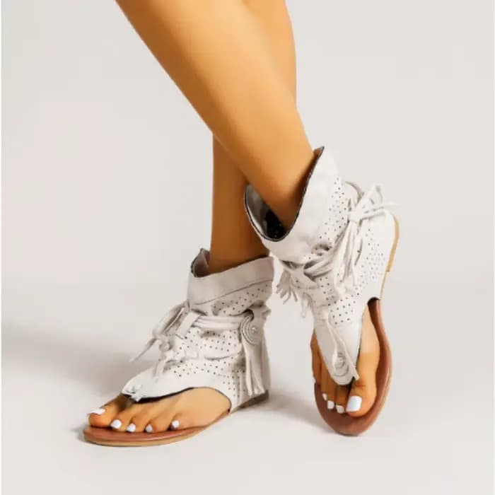 Nouvelles Sandales Femme 2026 Rétro Style Gladiateur à Clip d'Orteil Bottes Vintage Décontractées à Pompons Mode