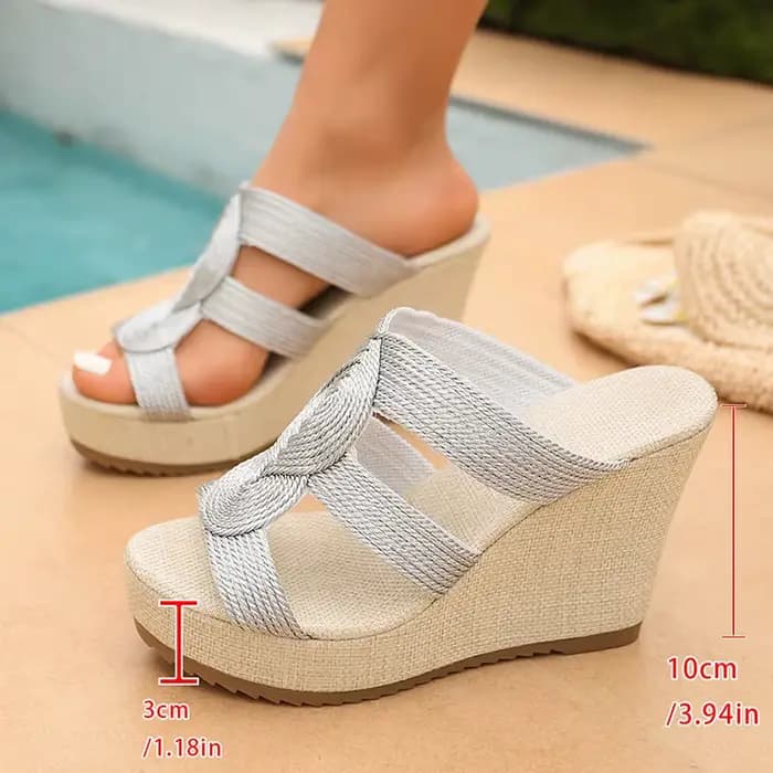 Sandales compensées tressées dorées et argentées pour femme, collection été 2026, avec nœud, talon compensé, grande taille 43, semelle épaisse, chaussures de plage