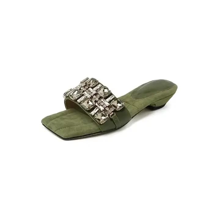 Sandales en cuir de mouton, élégance française, strass, sensation haut de gamme, pour femmes, été, extérieur, polyvalentes, talon épais, pantoufles