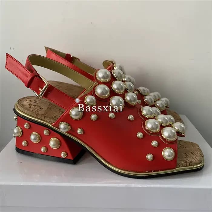 Sandales de luxe en cuir véritable pour femmes, chaussures de soirée à talons ajourés uniques, embellissement de perles, été
