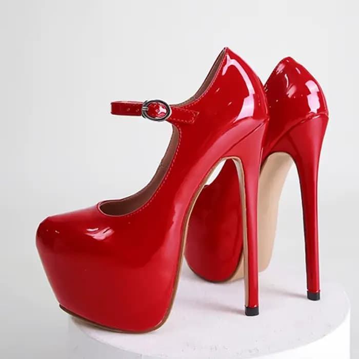 Escarpins à plateforme en cuir verni pour femmes, chaussures Sexy à talons hauts rouges de 17cm, à bout rond avec sangle à boucle, pour soirée de mariage