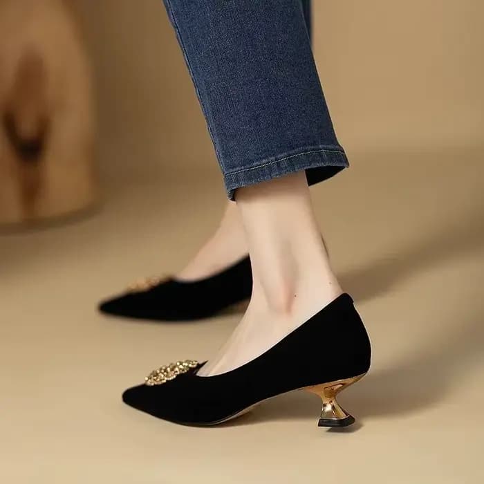 Printemps Design femmes bout pointu chaussures à talons mi-hauts élégant daim cuir banlieue pompes rétro français bureau et carrière chaussure de travail