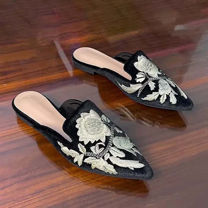 Velours broderie fleur Mules Femme chaussures élégantes pointu bout fermé pantoufles sans lacet chaussures plates diapositives Femmes Pantuflas Sandalias