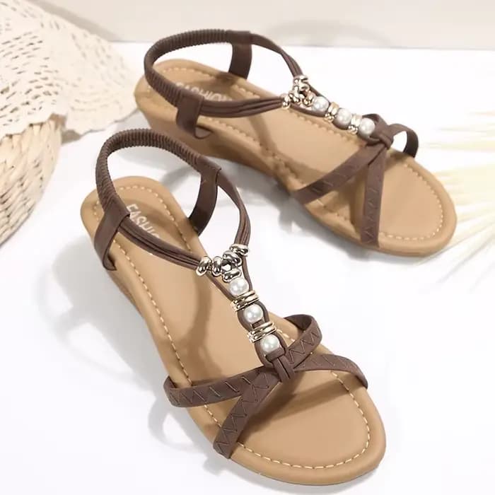Perles décor sandales à talons compensés pour femmes été 2025 confort chaussures de plage antidérapantes femme léger