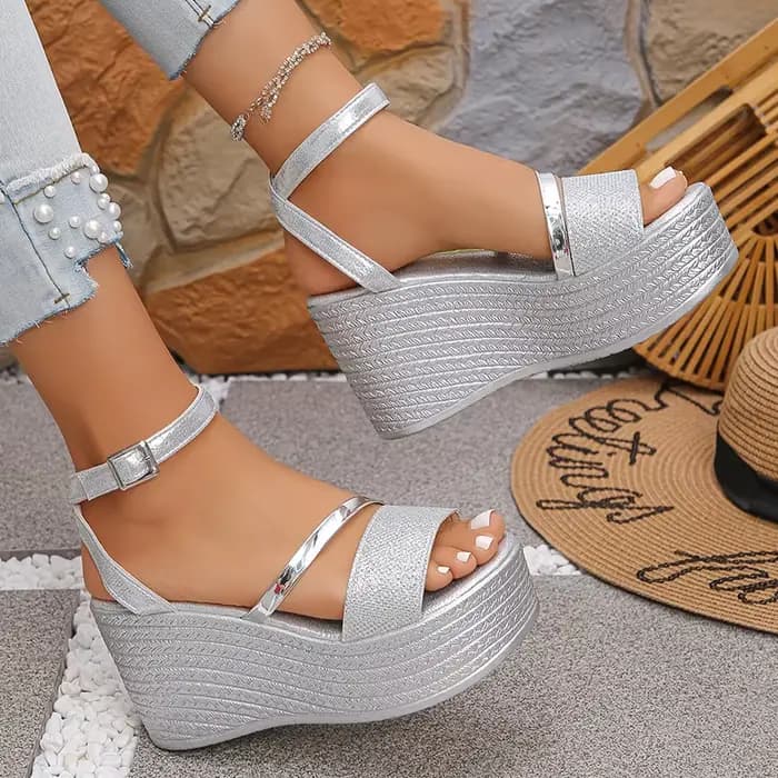 Sandales à plateforme argentée pour femmes, sandales d'été à semelle épaisse, lanière à la cheville, talons hauts, 2025