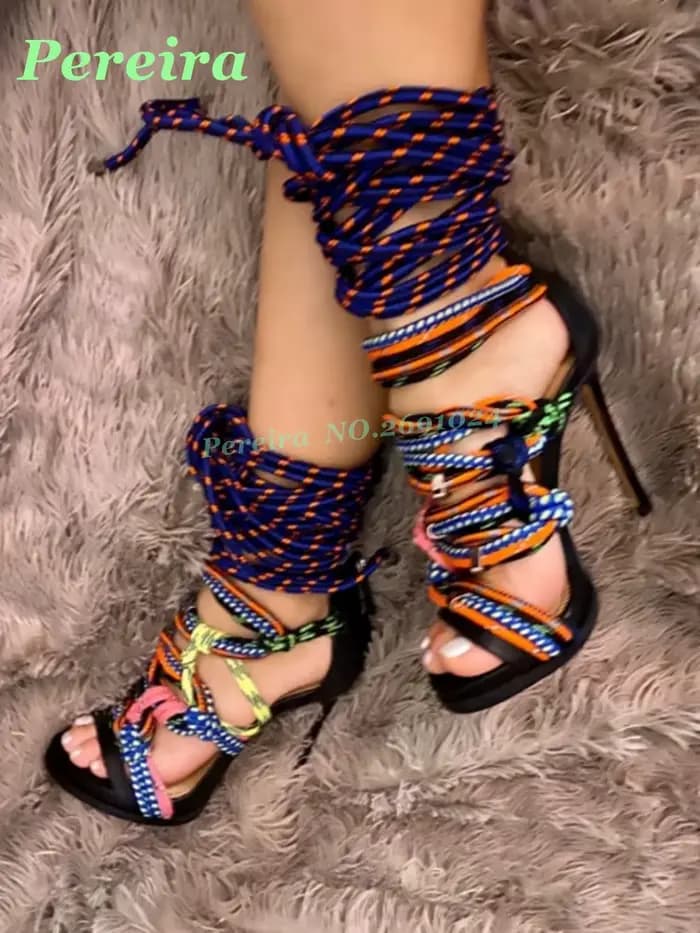 Sandales multicolores à lacets en corde tressée