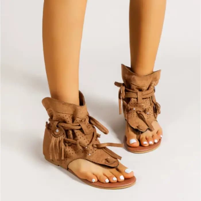 Nouvelles Sandales Femme 2026 Rétro Style Gladiateur à Clip d'Orteil Bottes Vintage Décontractées à Pompons Mode