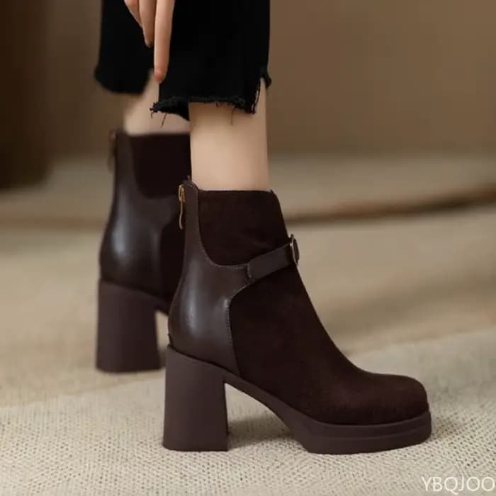 À la mode polyvalent semelle épaisse talon épais femmes bottes automne hiver élégant simple talons hauts loisirs